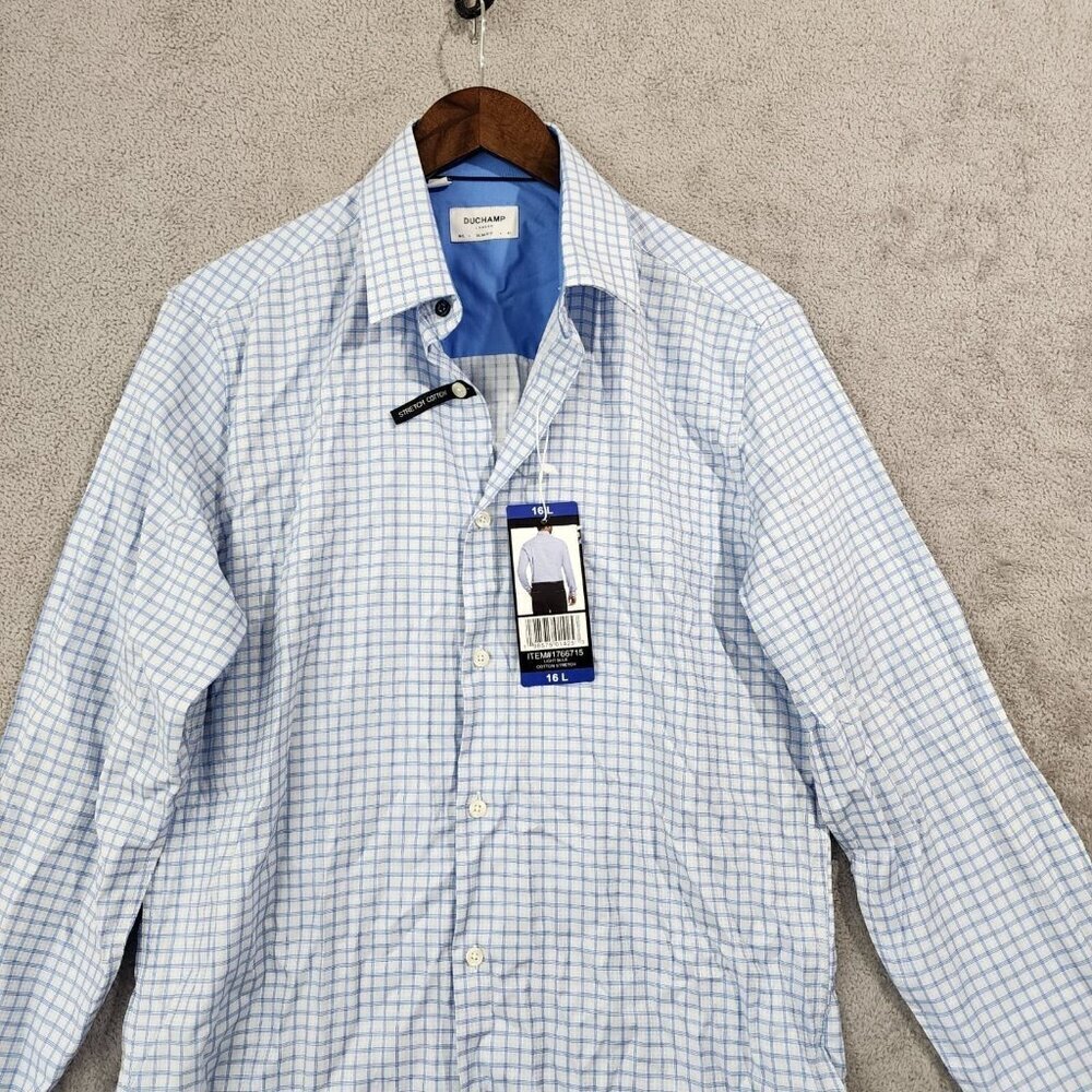 NEW Duchamp London Mens 16L Slim Fit Light Blue Check Dress Shirt Cotton Stretch